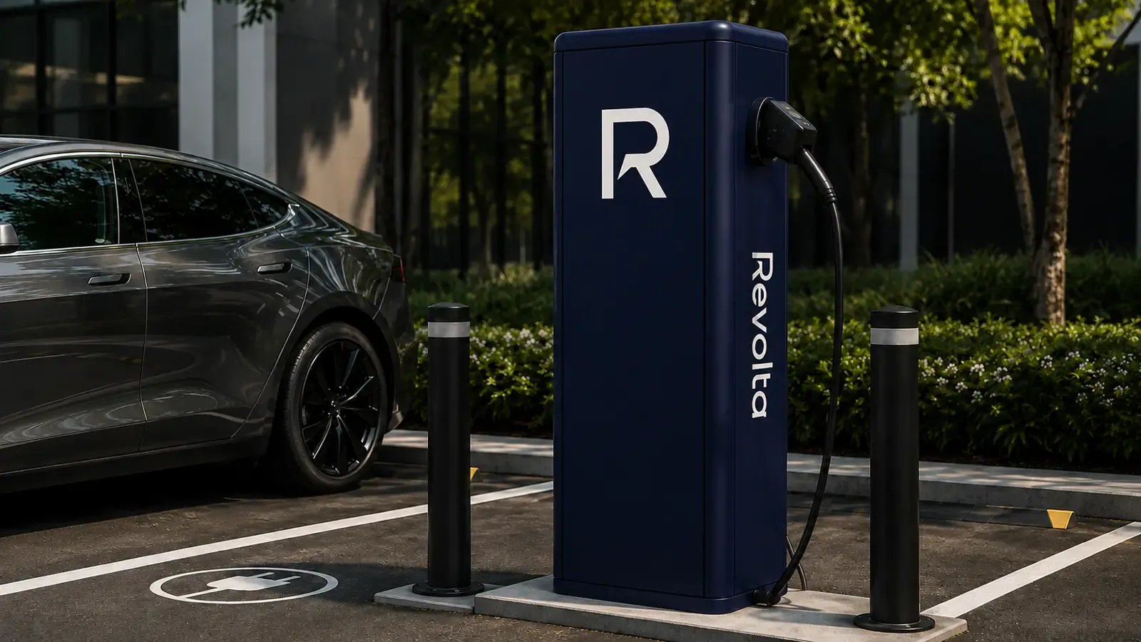 Poste de recarga con el isotipo R de Revolta